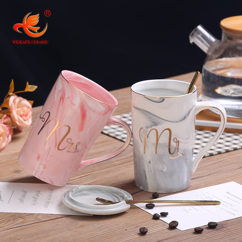 Wktm025 Custom Printed Wedding Porcelain Calacata Grey Pink Marble Mr And Mrs Ceramic Coffee Cup Gift Set Mug With Lid And Spoon